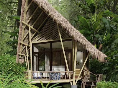 Thatched Roof Bamboo Hut In Forest With Large Windows Lush Greenery And Veranda 3d model
