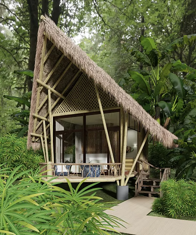 Thatched Roof Bamboo Hut In Forest With Large Windows Lush Greenery And Veranda 3d model