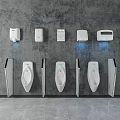 Modern Public Restroom Interior With White Urinals Gray Wall And Black Dividers