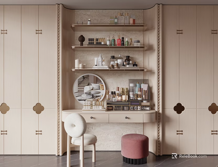 Elegant Dressing Table with Wooden Cabinet Cosmetics Shelves White Chair Pink Stool and Golden Decorations 3d model 