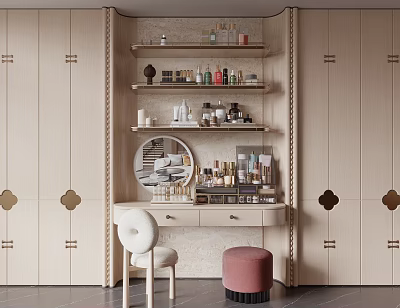 Elegant Dressing Table with Wooden Cabinet Cosmetics Shelves White Chair Pink Stool and Golden Decorations 3d model