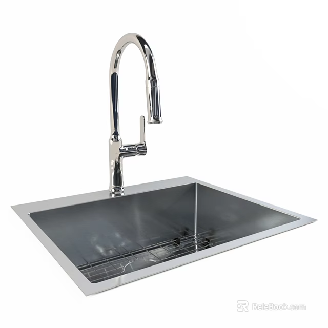 Stainless Steel Square Kitchen Sink With High Arc Faucet And Modern Design 3d model 