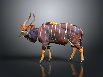 Nyala Antelope With Purple Body White Stripes Orange Legs And Curved Horns 3d model