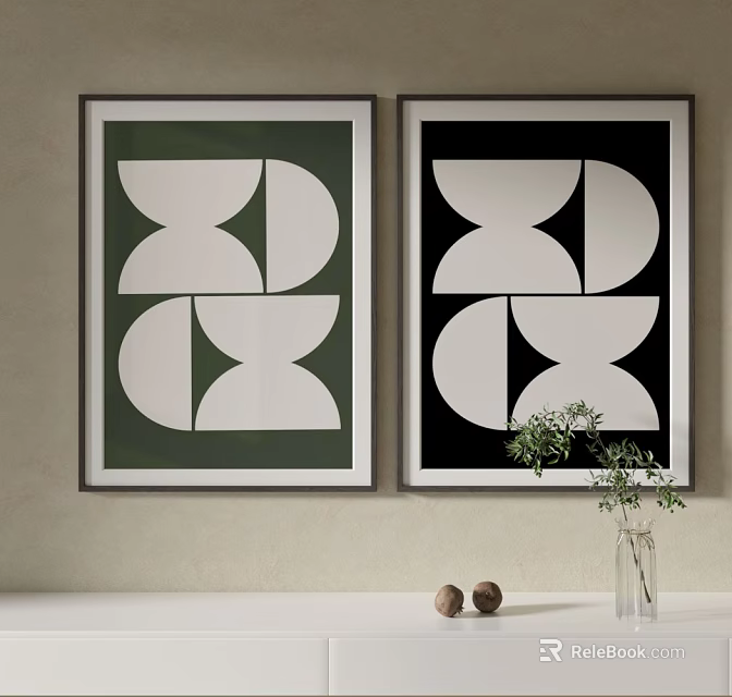 Geometric Pattern Prints In Green Black Frames Hanging On Wall With Vase And Brown Spheres 3d model