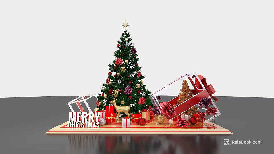 Christmas Tree Display With Ornaments Gifts Reindeer And Merry Christmas Sign 3d model 