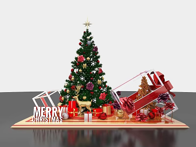 Christmas Tree Display With Ornaments Gifts Reindeer And Merry Christmas Sign 3d model