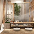 Serene Hotel Lounge Area With Wooden Table Potted Bamboo And Soft Lighting