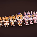 Cute Cartoon Tigers And Rabbits Characters Wearing Star Decorated Hats And Costumes