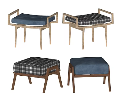 Modern Sofa Stools With Wooden Frame Blue And Plaid Fabric Cushions 3d model