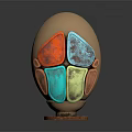 Carved Egg Shaped Sculpture With Golden Body Red Green Accents And Wooden Base