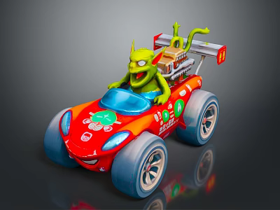 Green Animated Game Character Driving Red Racing Car With Big Wheels 3d model