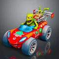 Green Animated Game Character Driving Red Racing Car With Big Wheels