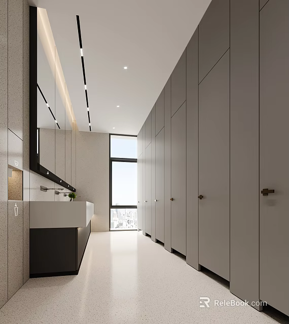 Modern Public Restroom With Vanity Mirrors And Partitions 3d model