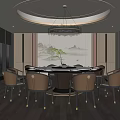 New Chinese Dining Box Large Round Table Solid Wood Dining Chair End View Table Crystal Chandelier Round Chandelier New Chinese Background Wall Potted Tableware 3d model