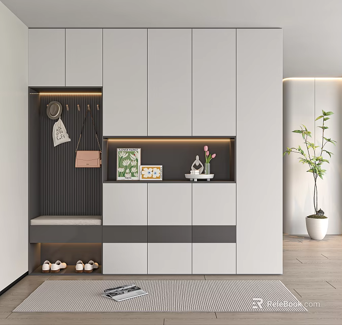 Modern Minimalist Entryway With Cabinet Hanger Bench Shoes Storage Decorative Display With Painting And Vase 3d model 