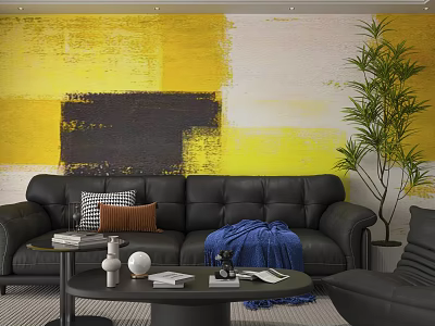 Yellow Abstract White Sofa Background Wall With Black Leather Sofa Throw Pillows And Green Plant 3d model