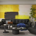 Yellow Abstract White Sofa Background Wall With Black Leather Sofa Throw Pillows And Green Plant