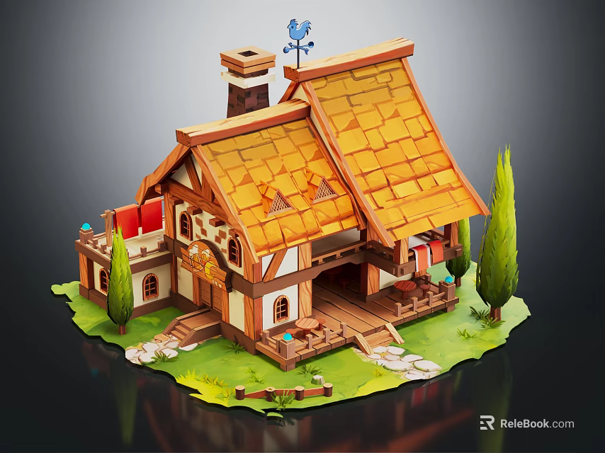 Cartoon Scene of a Cute Cottage with Yellow Roof Weather Vane Trees and Porch 3d model 