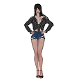 Woman With Long Black Hair In Striped Cardigan Blue Denim Shorts And Black High Heels 3d model
