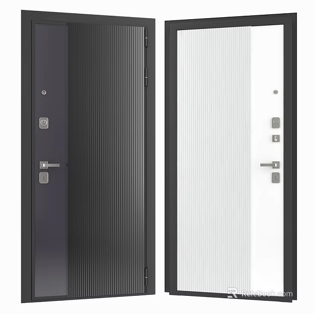 Black and White Vertical Striped Swing Door with Modern Design and Door Lock Handle 3d model 