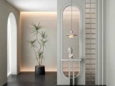 Modern Arched Interior Partition With Hanging Lamp Potted Plant White Statue And Textured Wall 3d model
