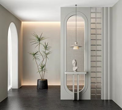 Modern Arched Interior Partition With Hanging Lamp Potted Plant White Statue And Textured Wall 3d model
