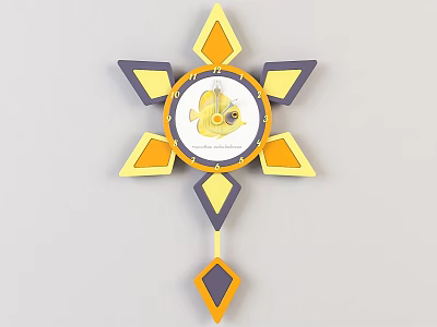 Decorative Star Shaped Wall Clock With Yellow Gray Accents And Fish Illustration 3d model