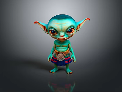 Game Movie Character With Teal Skin Pointed Ears Big Eyes Colorful Belt And Fringed Skirt 3d model