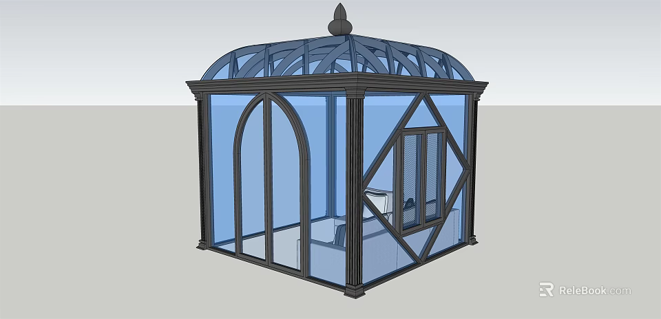 Octagonal Gazebo Featuring Glass Windows Black Frame And Decorative Spire 3d model 