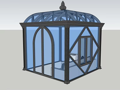 Octagonal Gazebo Featuring Glass Windows Black Frame And Decorative Spire 3d model
