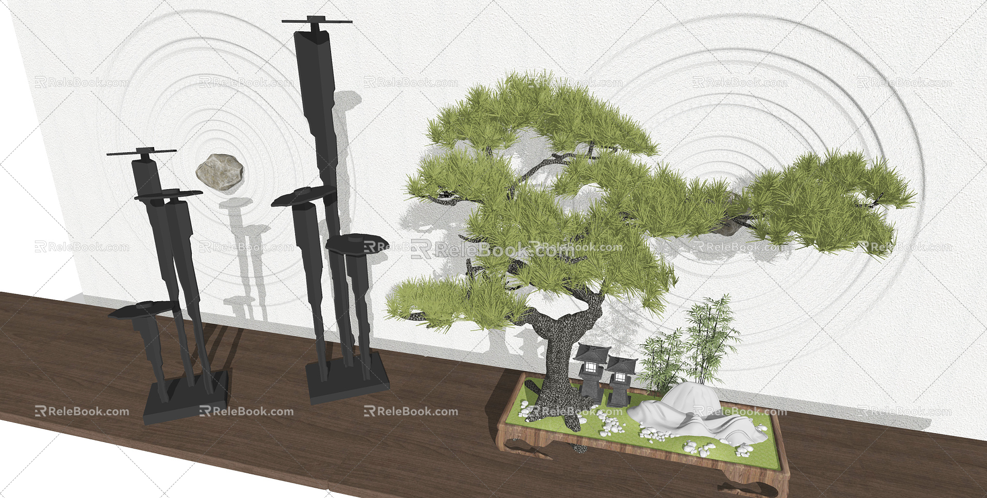 New Chinese style landscape sketch modeling Pohan pine tree potted bonsai courtyard landscape tree model