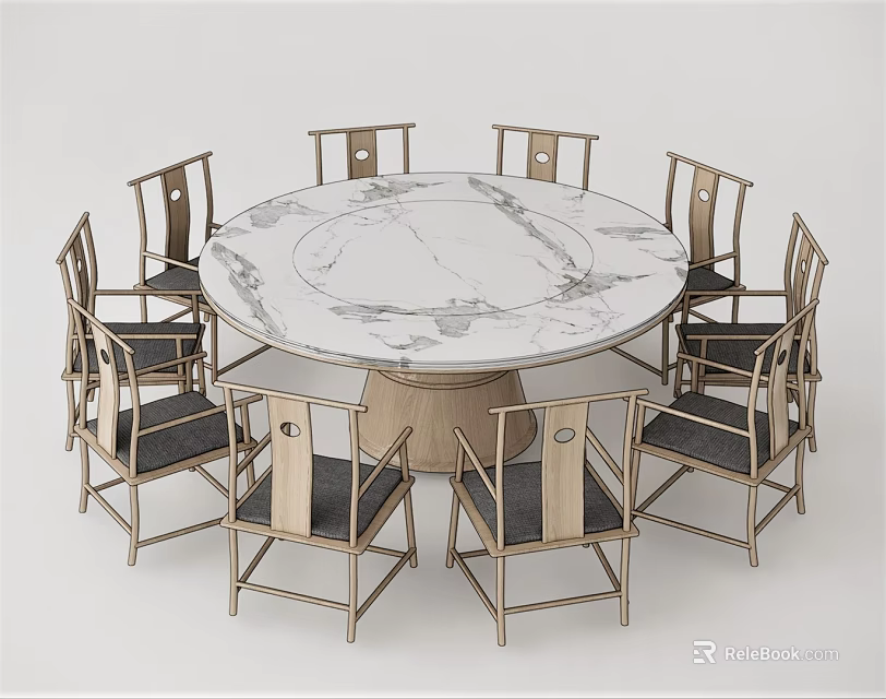 Round Marble Top Dining Table Set With Eight Wooden Frame Chairs 3d model