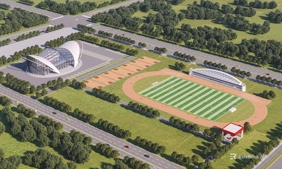Soccer Field With Green Turf Running Track Surrounding Stadium Trees And Roads 3d model 