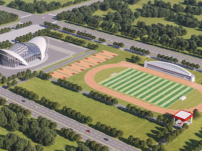Soccer Field With Green Turf Running Track Surrounding Stadium Trees And Roads 3d model