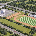 Soccer Field With Green Turf Running Track Surrounding Stadium Trees And Roads