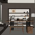 Modern Tea Room Interior With Wooden Shelves Long Table Tea Sets Lamp And Sofa Bench