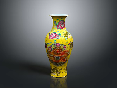 Sculpture Carving Exquisite Yellow Vase Artwork With Traditional Floral Dragon Patterns 3d model
