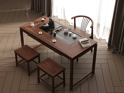 Chinese Style Solid Wood Tea Table With Chairs Stools And Teacups In Natural Light Room 3d model