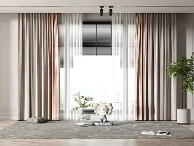 Elegant Beige Brown Curtain Layered With Sheer Panels In Window With Green Plant And Rug 3d model