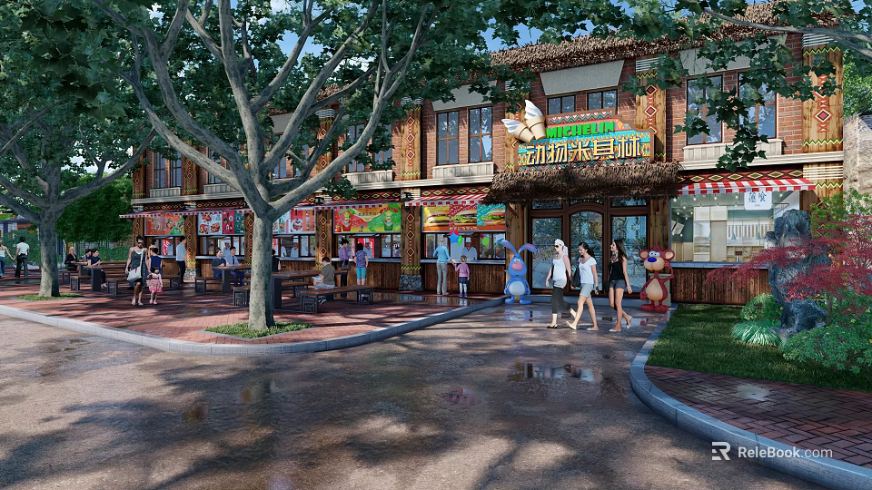 Traditional Style Commercial Street With Shops Pedestrians Trees And Rainy Atmosphere 3d model 