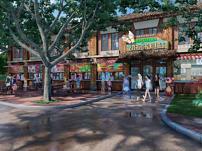 Traditional Style Commercial Street With Shops Pedestrians Trees And Rainy Atmosphere 3d model