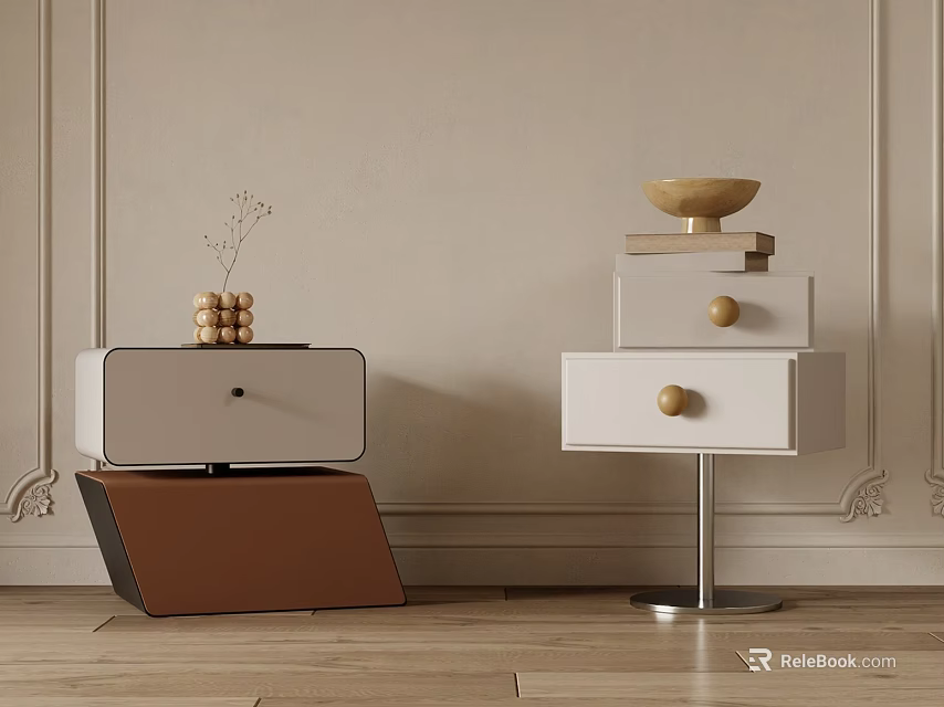 Modern White Bedside Tables With Leather Storage Metal Stand Books Golden Bowl And Decorative Balls 3d model 