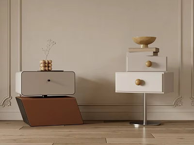 Modern White Bedside Tables With Leather Storage Metal Stand Books Golden Bowl And Decorative Balls 3d model