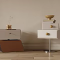 Modern White Bedside Tables With Leather Storage Metal Stand Books Golden Bowl And Decorative Balls