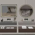 Modern Bathroom Vanity with Double Sink Round and Rectangular Mirrors Folded Towels and Potted Plant