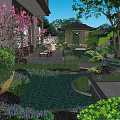 Traditional Garden Landscape Design With Chinese Architecture Stone Path And Colorful Plants