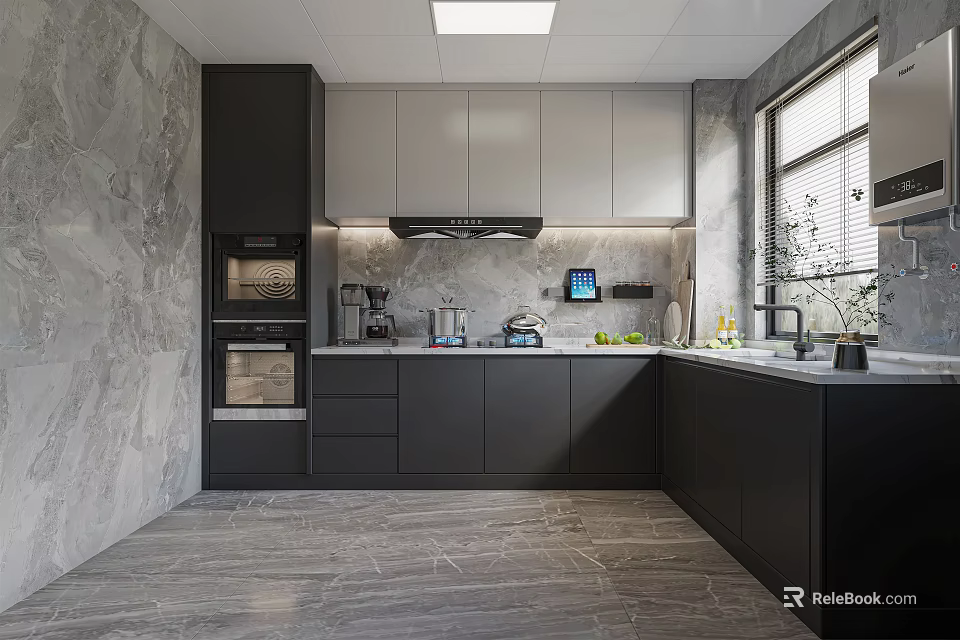 Modern Kitchen Interior With Gray Black Cabinets Marble Walls Island And Appliances 3d model 
