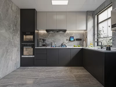 Modern Kitchen Interior With Gray Black Cabinets Marble Walls Island And Appliances 3d model