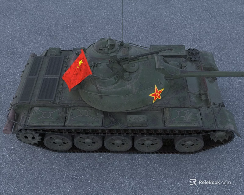 Vintage Green Military Tank With Red Flag And Yellow Star Decoration 3d model 