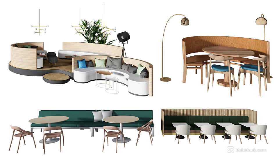 Modern Public Chairs With Curved Cushioned Seats And Round Tables In Dining Area 3d model 